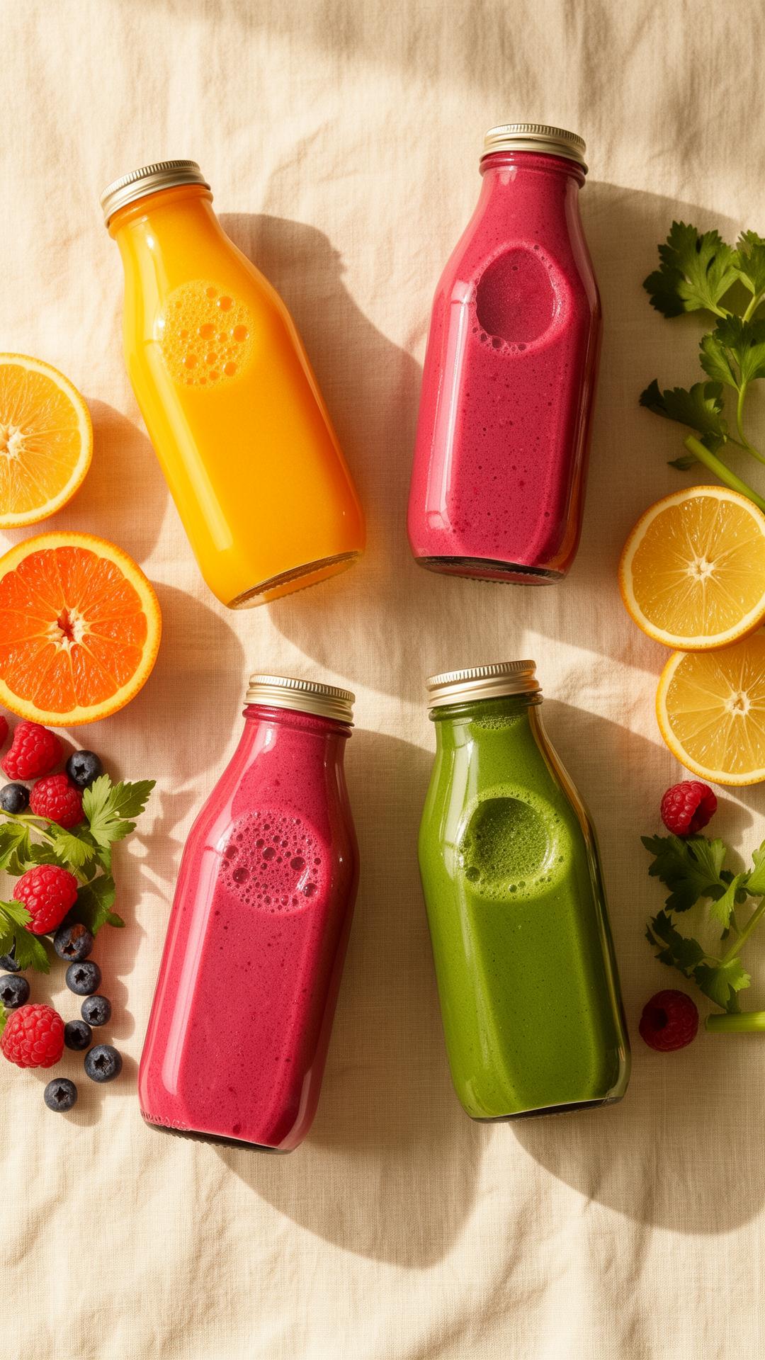 Vibrant fresh-pressed juices in glass bottles with citrus and berries