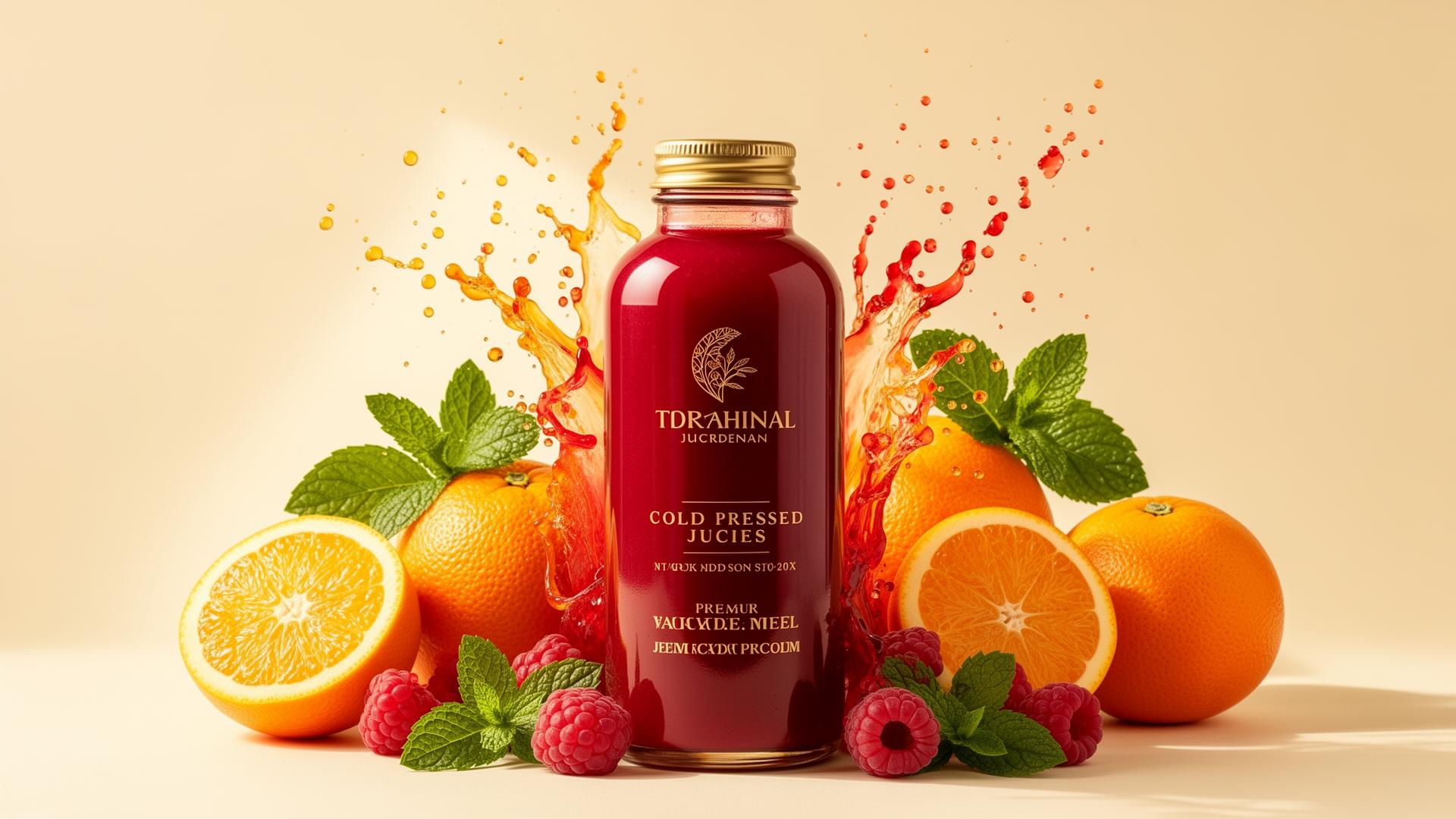 Premium cold-pressed juice bottle surrounded by oranges, raspberries and mint with a vibrant juice splash
