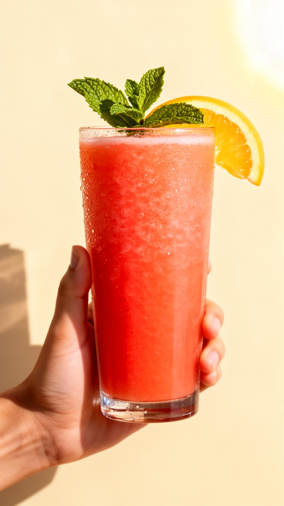 Hand holding a tall glass of vibrant fresh juice garnished with mint and citrus